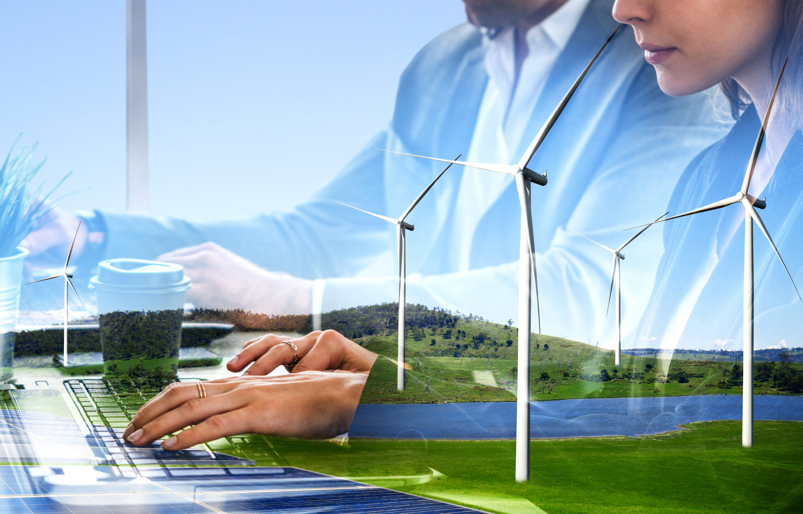 Double,Exposure,Graphic,Of,Business,People,Working,Over,Wind,Turbine