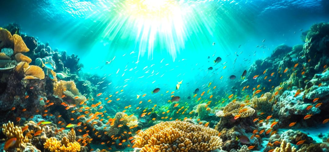 Colorful sea life swims in a tropical reef generated by artificial intelligence